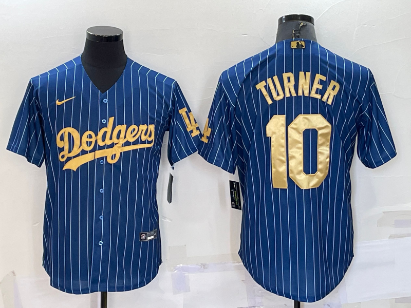 Los Angeles Dodgers #10 Justin Turner Navy Blue Gold Pinstripe Stitched MLB Cool Base Nike Jersey