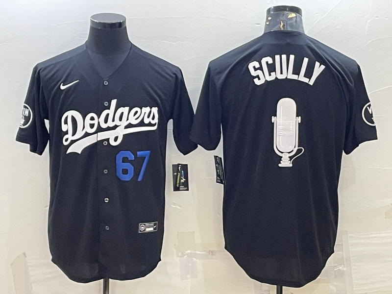 Los Angeles Dodgers #67 Vin Scully Black Blue Big Logo With Vin Scully Patch Stitched Jersey