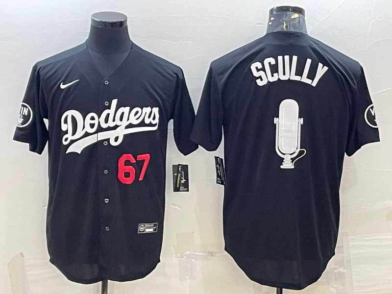 Los Angeles Dodgers #67 Vin Scully Black Red Big Logo With Vin Scully Patch Stitched Jersey