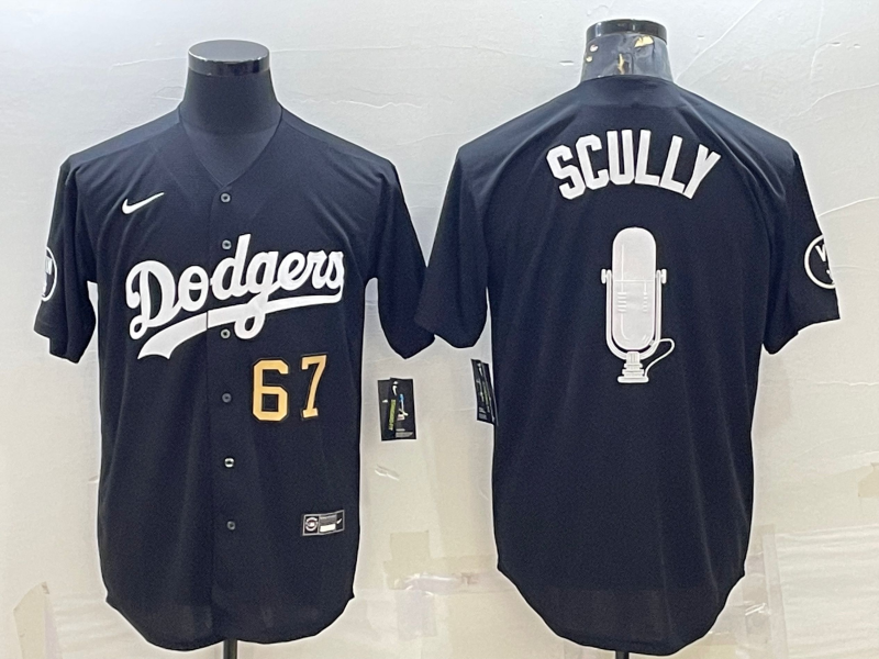 Los Angeles Dodgers #67 Vin Scully Black Gold Big Logo With Vin Scully Patch Stitched Jersey