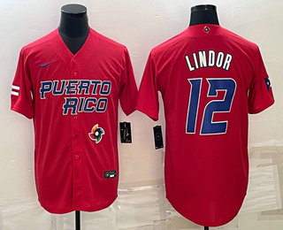 Puerto Rico Baseball Team #12 Francisco Lindor 2023 Red World Baseball Classic Stitched Jersey