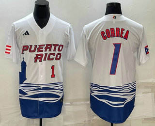 Puerto Rico Baseball Team #1 Carlos Correa Number White 2023 World Baseball Classic Stitched Jersey
