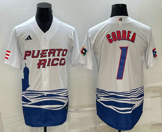 Puerto Rico Baseball Team #1 Carlos Correa White 2023 World Baseball Classic Stitched Jerseys