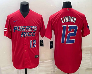 Puerto Rico Baseball Team #12 Francisco Lindor Number 2023 Red World Baseball Classic Stitched Jerse
