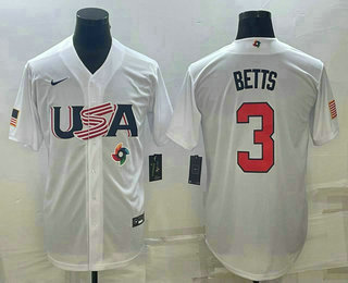 USA Baseball Team #3 Mookie Betts 2023 White World Baseball Classic Replica Stitched Jerseys