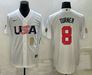 USA Baseball Team #8 Trea Turner Number 2023 White World Baseball Classic Stitched Jerseys