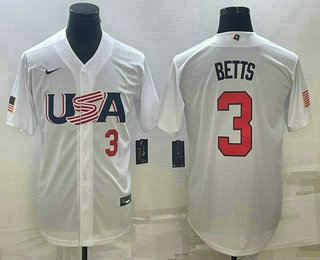 USA Baseball Team #3 Mookie Betts Number 2023 White World Baseball Classic Replica Stitched Jersey