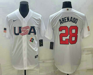 USA Baseball Team #28 Nolan Arenado 2023 White World Baseball Classic Replica Stitched Jerseys