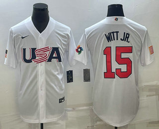 USA Baseball Team #15 Bobby Witt Jr Number 2023 White World Baseball Classic Replica Stitched Jersey