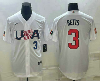 USA Baseball Team #3 Mookie Betts Number 2023 White World Baseball Classic Replica Stitched Jerseys
