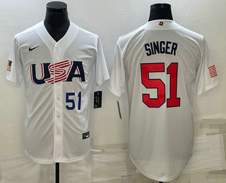 USA Baseball Team #51 Brady Singer Number 2023 White World Baseball Classic Stitched Jersey