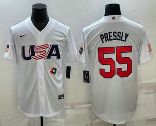 USA Baseball Team #55 Ryan Pressly 2023 White World Baseball Classic Stitched Jersey