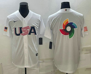 USA Baseball Team 2023 White World Baseball Big Logo With Patch Classic Replica Stitched Jersey