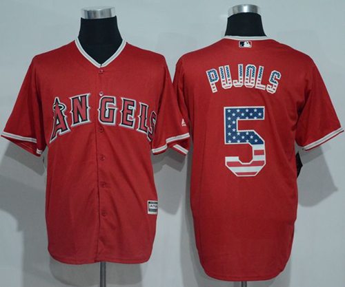 Angels of Anaheim #5 Albert Pujols Red USA Flag Fashion Stitched MLB Jersey - Click Image to Close