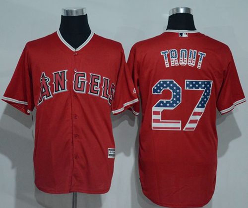 Angels of Anaheim #27 Mike Trout Red USA Flag Fashion Stitched MLB Jersey - Click Image to Close