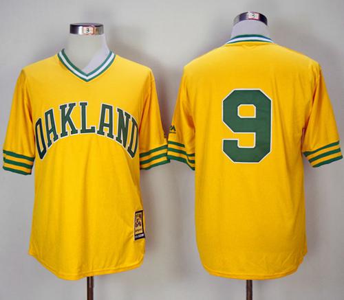Mitchell And Ness 1981 Athletics #9 Reggie Jackson Yellow Throwback Stitched MLB Jersey - Click Image to Close
