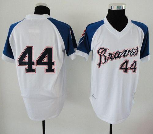 Mitchell And Ness 1974 Braves #44 Hank Aaron White Throwback Stitched MLB Jersey - Click Image to Close