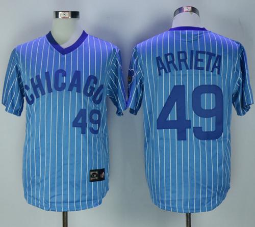 Cubs #49 Jake Arrieta Blue(White Strip) Cooperstown Throwback Stitched MLB Jersey