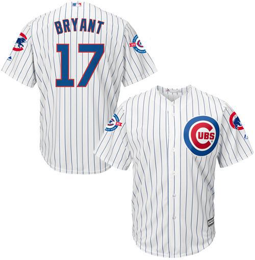 Cubs #17 Kris Bryant White Strip New Cool Base with 100 Years at Wrigley Field Commemorative Patch S