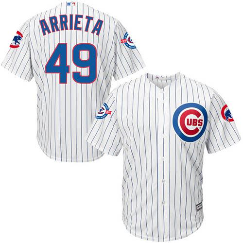 Cubs #49 Jake Arrieta White Strip New Cool Base with 100 Years at Wrigley Field Commemorative Patch