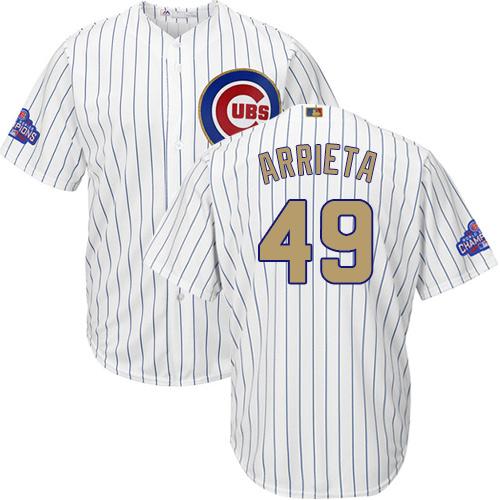 Cubs #49 Jake Arrieta White(Blue Strip) 2017 Gold Program Cool Base Stitched MLB Jersey