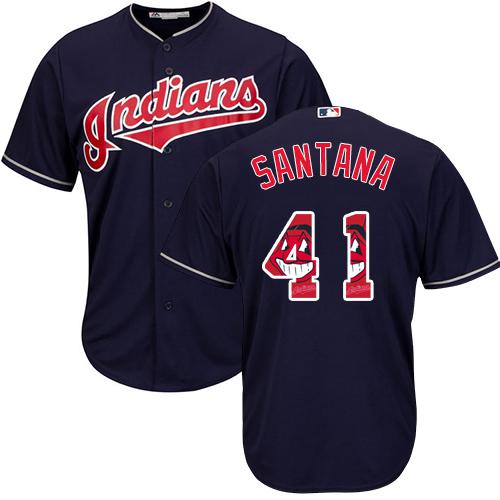 Indians #41 Carlos Santana Navy Blue Team Logo Fashion Stitched MLB Jersey