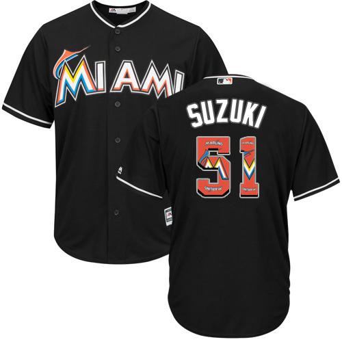 marlins #51 Ichiro Suzuki Black Team Logo Fashion Stitched MLB Jersey - Click Image to Close