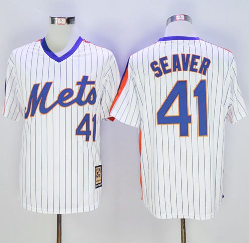 Mets #41 Tom Seaver White(Blue Strip) Cooperstown Stitched MLB Jersey - Click Image to Close