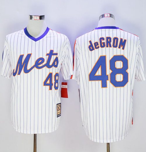 Mets #48 Jacob DeGrom White(Blue Strip) Cooperstown Stitched MLB Jersey - Click Image to Close
