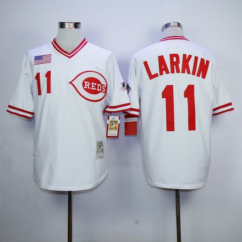 Mitchell And Ness 1990 Reds #11 Barry Larkin White Throwback Stitched MLB Jersey - Click Image to Close