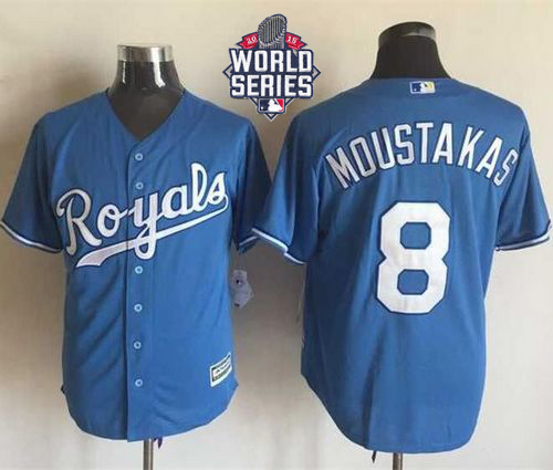 Royals #8 Mike Moustakas Light Blue Alternate 1 New Cool Base W/2015 World Series Patch Stitched MLB