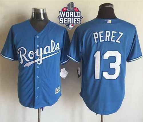 Royals #13 Salvador Perez Light Blue Alternate 1 New Cool Base W/2015 World Series Patch Stitched ML