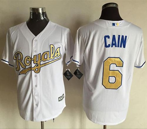Royals #6 Lorenzo Cain White New Cool Base 2015 World Series Champions Gold Program Stitched MLB Jer