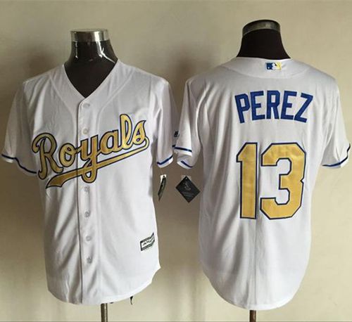 Royals #13 Salvador Perez White New Cool Base 2015 World Series Champions Gold Program Stitched MLB