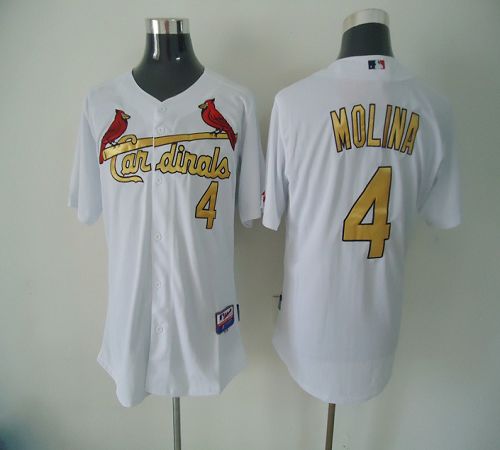 Cardinals #4 Yadier Molina White(Gold No.) Cool Base Stitched MLB Jersey - Click Image to Close