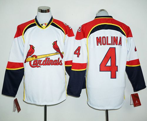 Cardinals #4 Yadier Molina White/Red Long Sleeve Stitched MLB Jersey - Click Image to Close