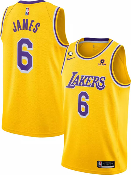 Los Angeles Lakers #6 LeBron James Yellow No.6 Patch Stitched Basketball Jersey
