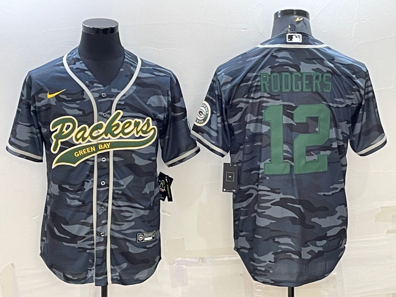 Green Bay Packers #12 Aaron Rodgers Grey Green Camo With Patch Cool Base Stitched Baseball Jersey