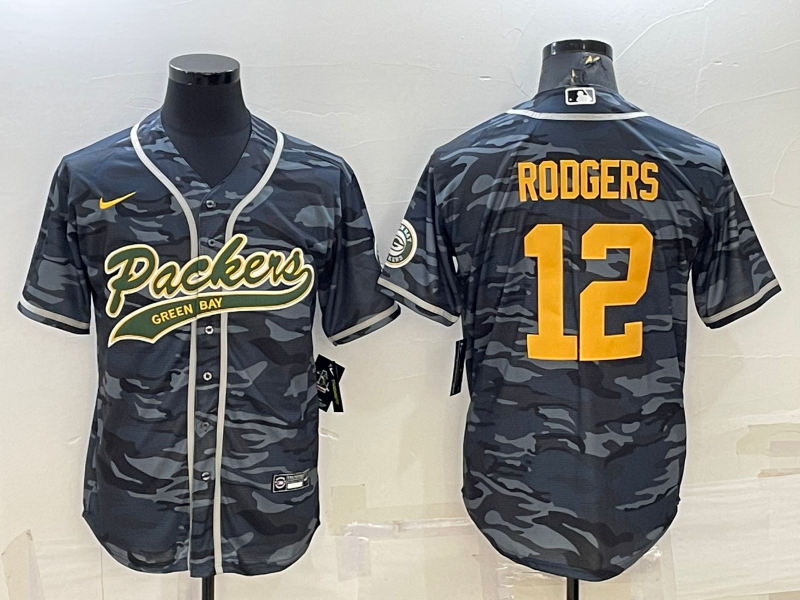 Green Bay Packers #12 Aaron Rodgers Grey Gold Camo With Patch Cool Base Stitched Baseball Jersey - Click Image to Close