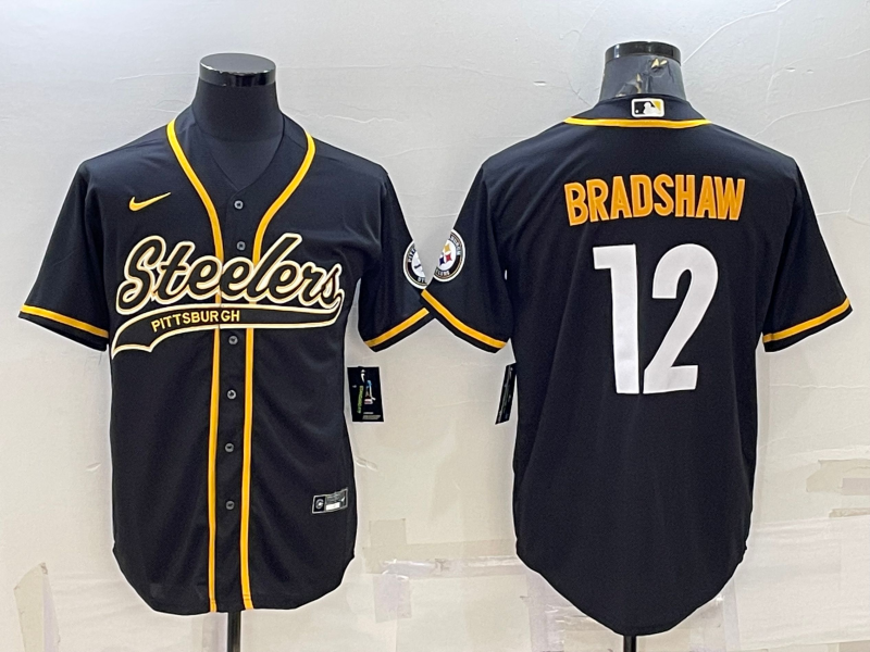 Pittsburgh Steelers #12 Terry Bradshaw Black With Patch Cool Base Stitched Baseball Jersey