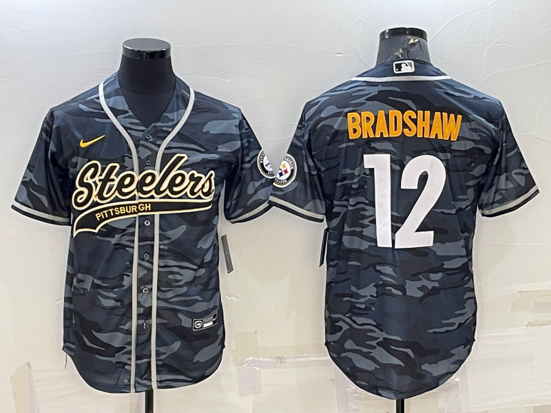 Pittsburgh Steelers #12 Terry Bradshaw Grey Navy Camo With Patch Cool Base Stitched Baseball Jersey - Click Image to Close