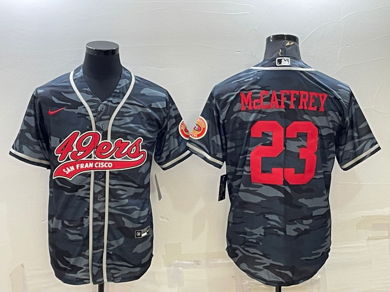 San Francisco 49ers #23 Christian McCaffrey Grey Camo With Patch Cool Base Stitched Baseball Jersey - Click Image to Close