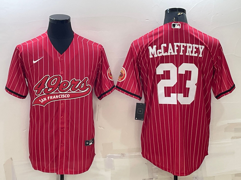 San Francisco 49ers #23 Christian McCaffrey Red Pinstripe With Patch Cool Base Stitched Baseball Jer