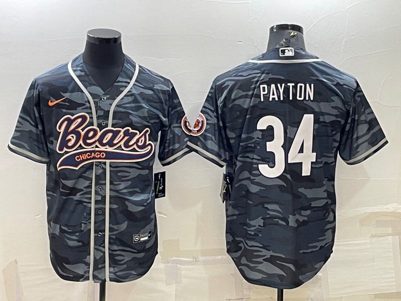 Chicago Bears Blank #34 Walter Payton Grey Camo With Patch Cool Base Stitched Baseball Jersey