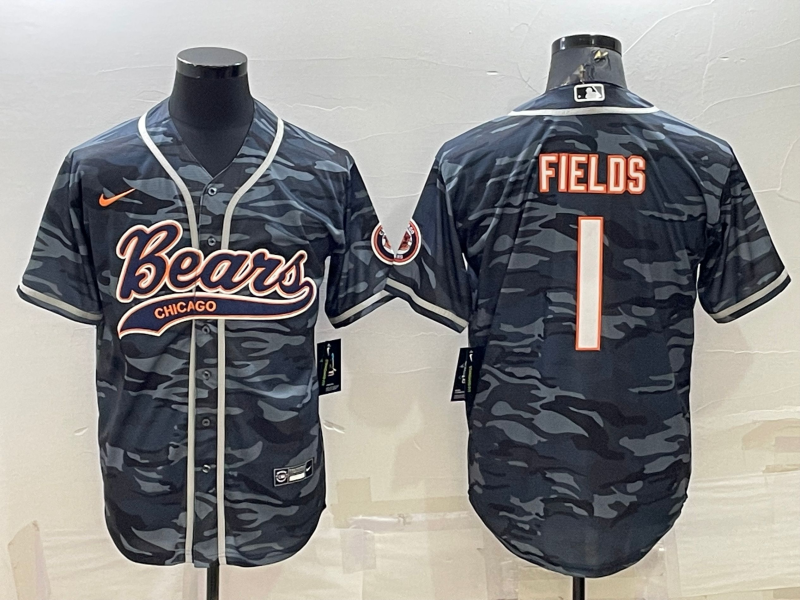 Chicago Bears Blank #1 Justin Fields Grey Camo With Patch Cool Base Stitched Baseball Jersey