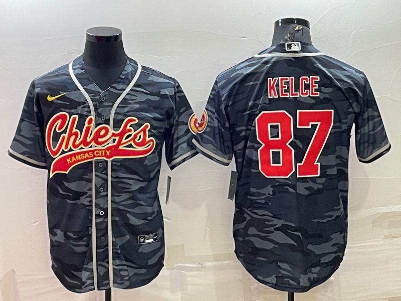 Kansas City Chiefs Blank #87 Travis Kelce Grey Navy Camo With Patch Cool Base Stitched Baseball Jers