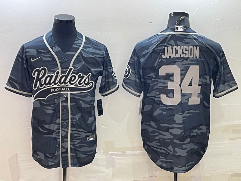 Las Vegas Raiders #34 Bo Jackson Grey Camo With Patch Cool Base Stitched Baseball Jersey - Click Image to Close