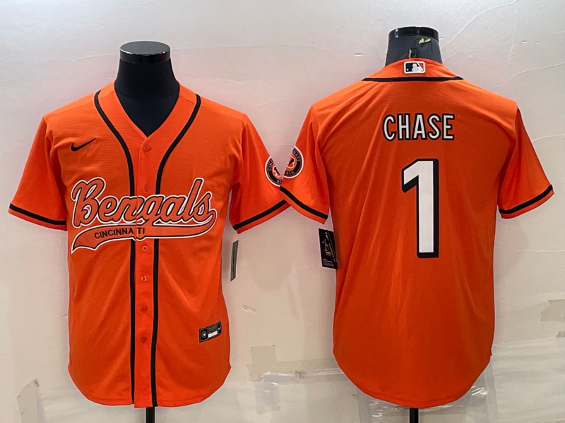 Cincinnati Bengals #1 JaMarr Chase Orange With Patch Cool Base Stitched Baseball Jersey