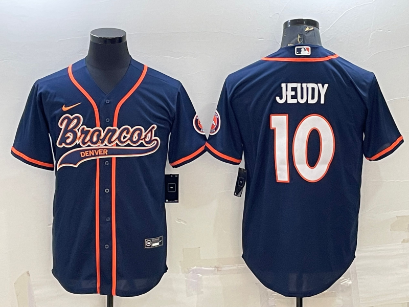 Denver Broncos #10 Jerry Jeudy Navy Blue Stitched Cool Base Baseball Jersey - Click Image to Close