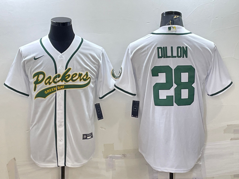 Green Bay Packers #28 AJ Dillon White With Patch Cool Base Stitched Baseball Jersey